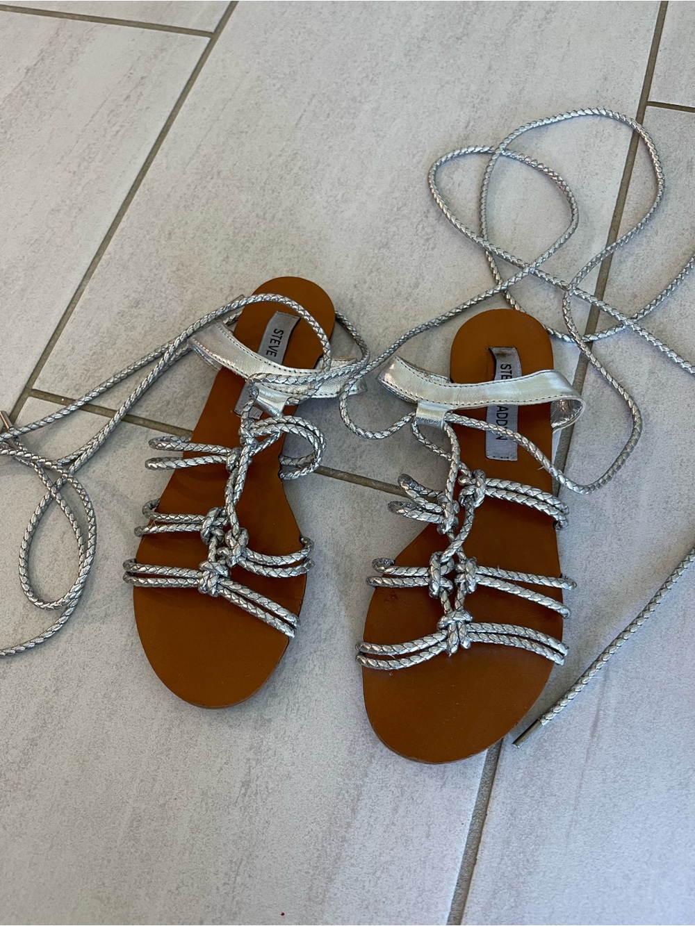 Steve Madden Silver Braided Lace-Up Gladiator Sandals with Tan Footbed